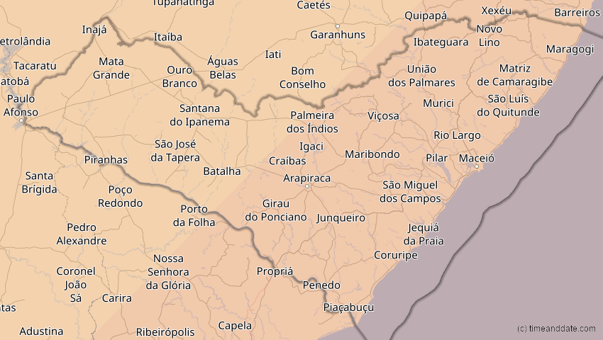 A map of Alagoas, Brasilien, showing the path of the 6. Feb 2027 Ringförmige Sonnenfinsternis