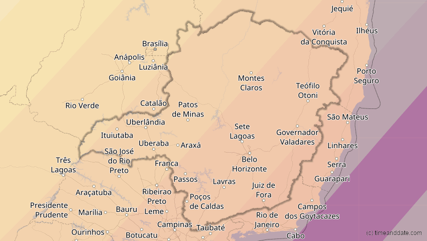 A map of Minas Gerais, Brazil, showing the path of the Feb 6, 2027 Annular Solar Eclipse