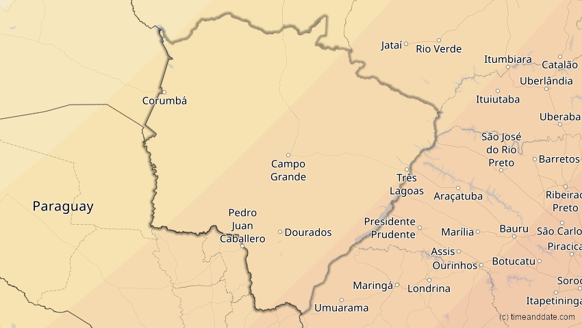 A map of Mato Grosso Do Sul, Brazil, showing the path of the Feb 6, 2027 Annular Solar Eclipse