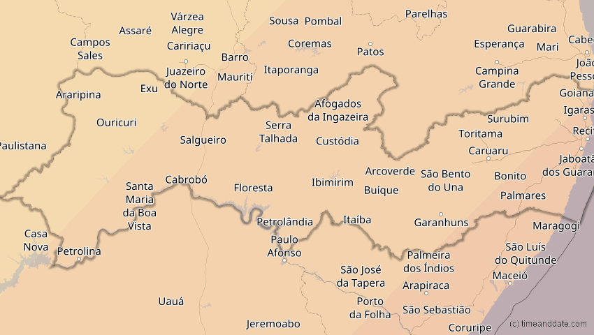 A map of Pernambuco, Brasilien, showing the path of the 6. Feb 2027 Ringförmige Sonnenfinsternis