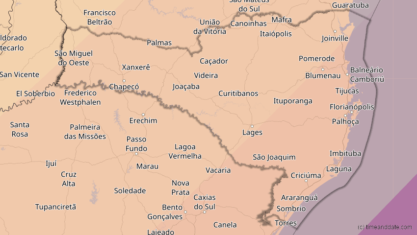 A map of Santa Catarina, Brasilien, showing the path of the 6. Feb 2027 Ringförmige Sonnenfinsternis
