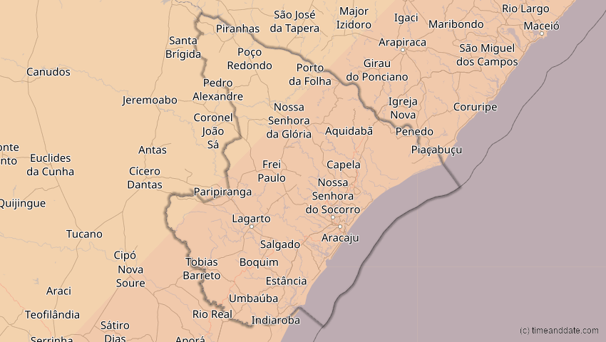 A map of Sergipe, Brazil, showing the path of the Feb 6, 2027 Annular Solar Eclipse
