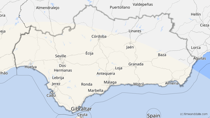 A map of Andalusien, Spanien, showing the path of the 6. Feb 2027 Ringförmige Sonnenfinsternis