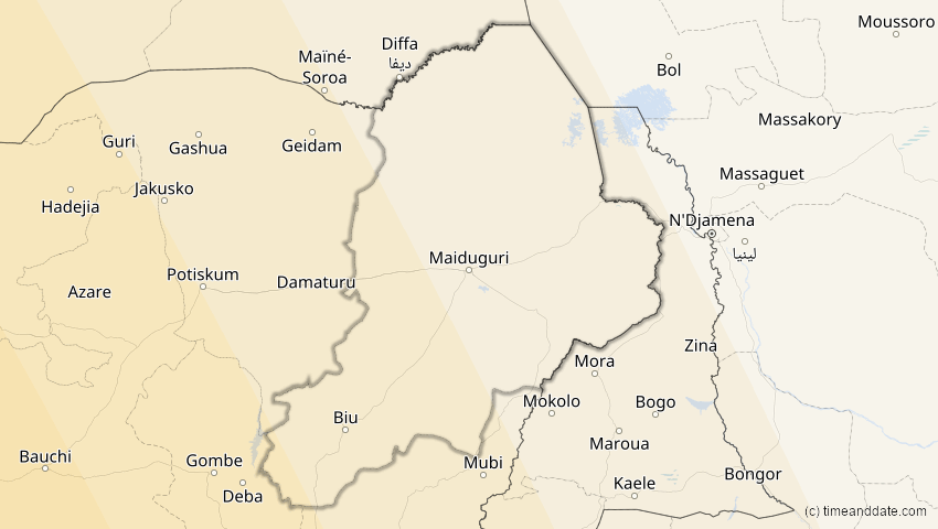 A map of Borno, Nigeria, showing the path of the 6. Feb 2027 Ringförmige Sonnenfinsternis