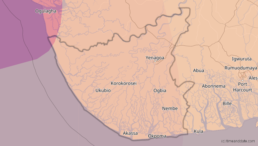 A map of Bayelsa, Nigeria, showing the path of the 6. Feb 2027 Ringförmige Sonnenfinsternis