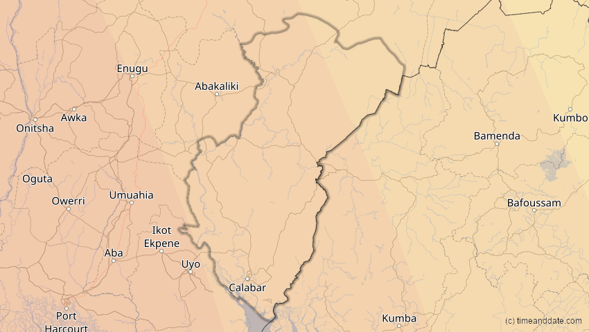 A map of Cross River, Nigeria, showing the path of the 6. Feb 2027 Ringförmige Sonnenfinsternis