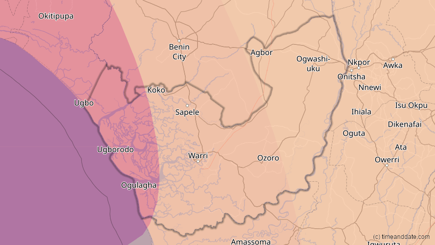 A map of Delta, Nigeria, showing the path of the Feb 6, 2027 Annular Solar Eclipse