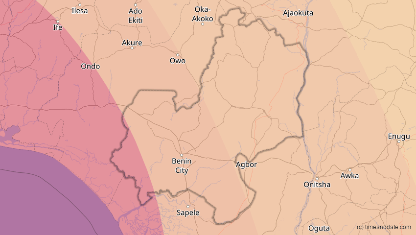 A map of Edo, Nigeria, showing the path of the 6. Feb 2027 Ringförmige Sonnenfinsternis