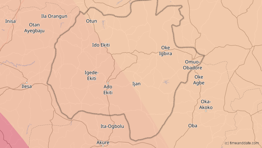 A map of Ekiti, Nigeria, showing the path of the 6. Feb 2027 Ringförmige Sonnenfinsternis