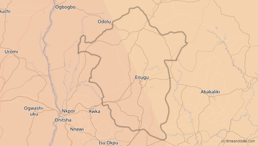 A map of Enugu, Nigeria, showing the path of the 6. Feb 2027 Ringförmige Sonnenfinsternis