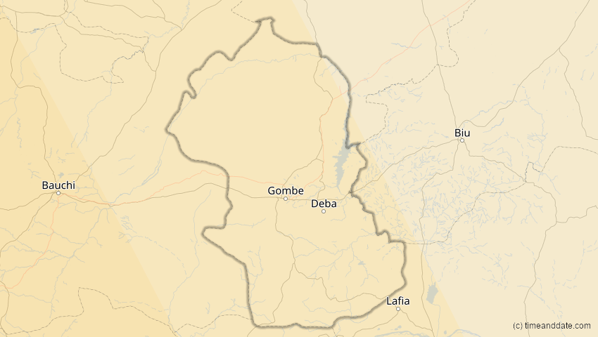 A map of Gombe, Nigeria, showing the path of the 6. Feb 2027 Ringförmige Sonnenfinsternis