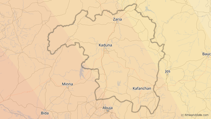 A map of Kaduna, Nigeria, showing the path of the 6. Feb 2027 Ringförmige Sonnenfinsternis