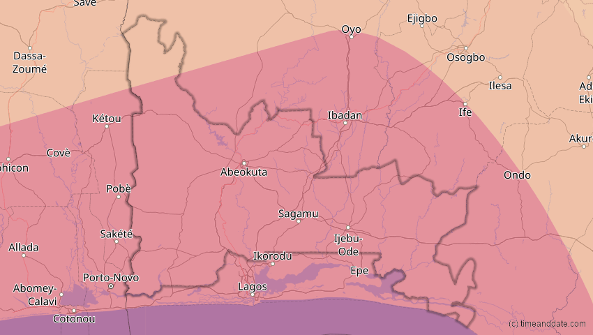 A map of Ogun, Nigeria, showing the path of the 6. Feb 2027 Ringförmige Sonnenfinsternis