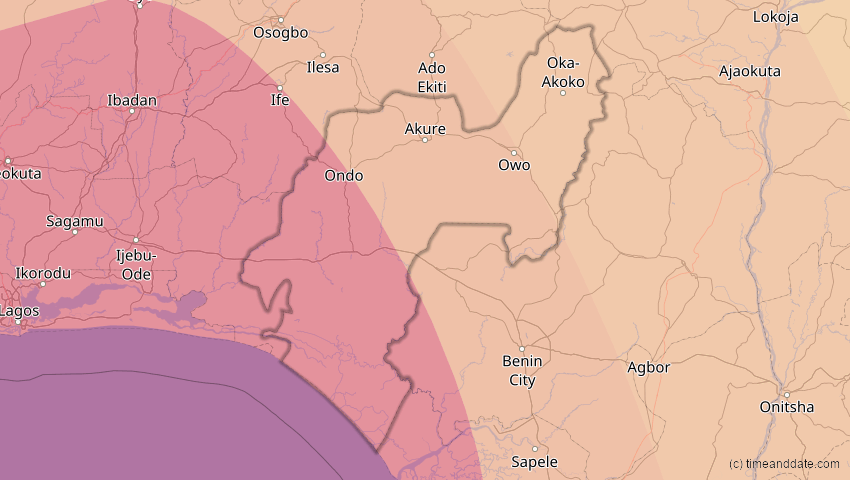 A map of Ondo, Nigeria, showing the path of the 6. Feb 2027 Ringförmige Sonnenfinsternis