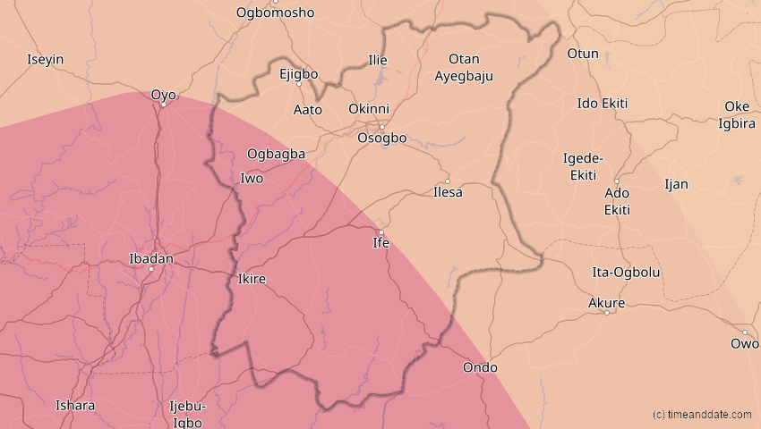 A map of Osun, Nigeria, showing the path of the 6. Feb 2027 Ringförmige Sonnenfinsternis