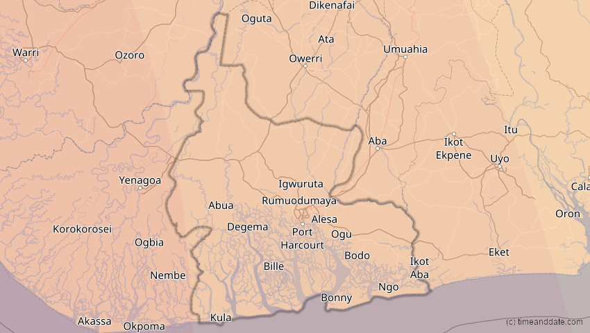 A map of Rivers, Nigeria, showing the path of the 6. Feb 2027 Ringförmige Sonnenfinsternis