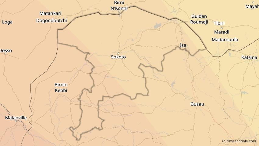 A map of Sokoto, Nigeria, showing the path of the 6. Feb 2027 Ringförmige Sonnenfinsternis