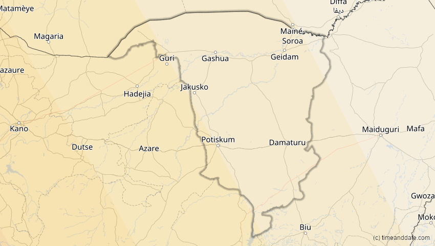 A map of Yobe, Nigeria, showing the path of the 6. Feb 2027 Ringförmige Sonnenfinsternis