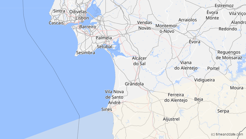 A map of Setúbal, Portugal, showing the path of the Feb 6, 2027 Annular Solar Eclipse