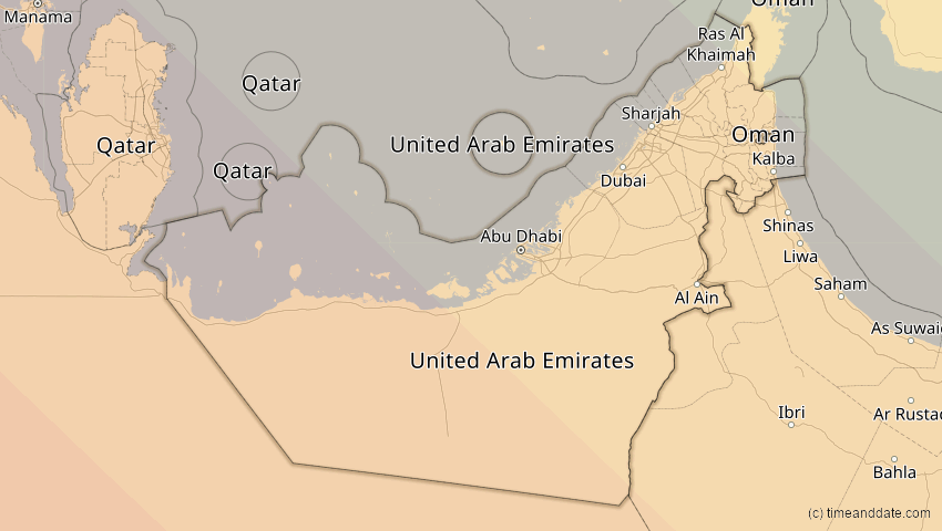 A map of United Arab Emirates, showing the path of the Aug 2, 2027 Total Solar Eclipse