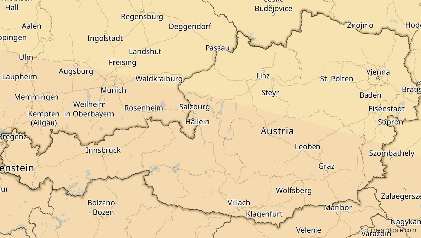 A map of Austria, showing the path of the Aug 2, 2027 Total Solar Eclipse