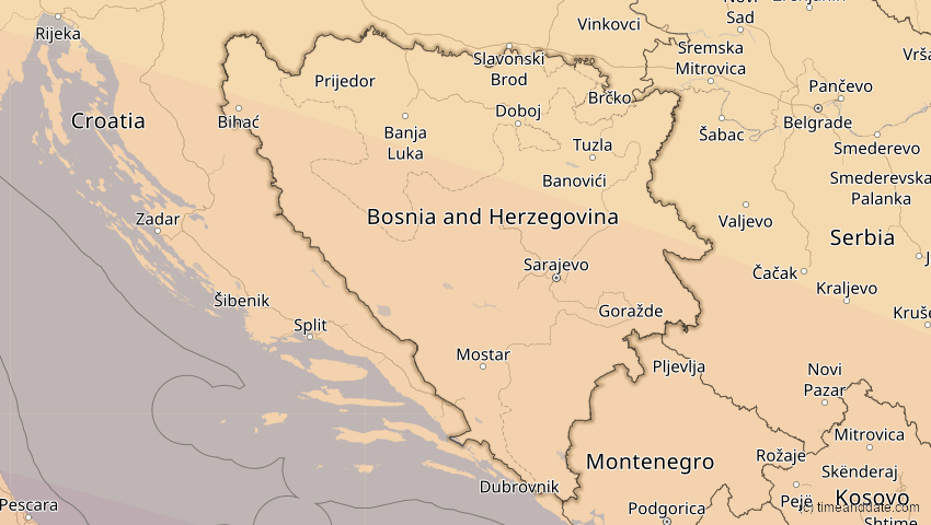 A map of Bosnia and Herzegovina, showing the path of the Aug 2, 2027 Total Solar Eclipse