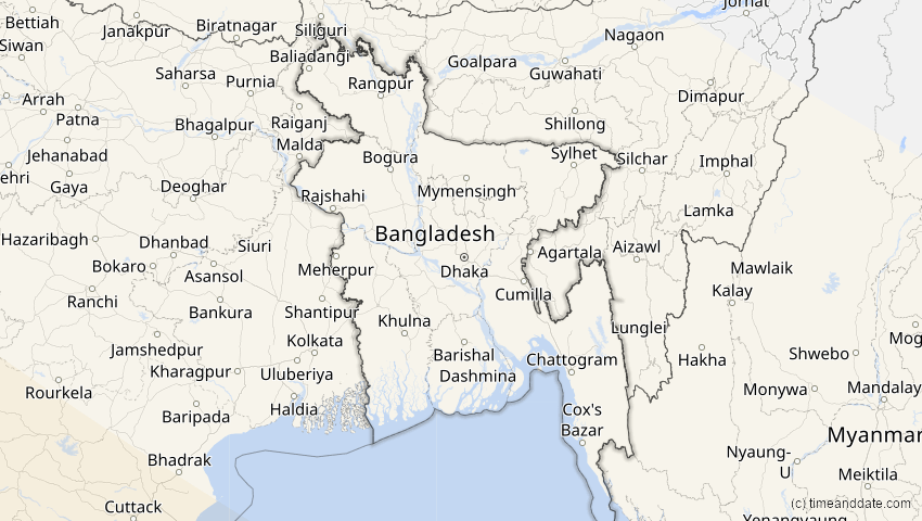 A map of Bangladesch, showing the path of the 2. Aug 2027 Totale Sonnenfinsternis