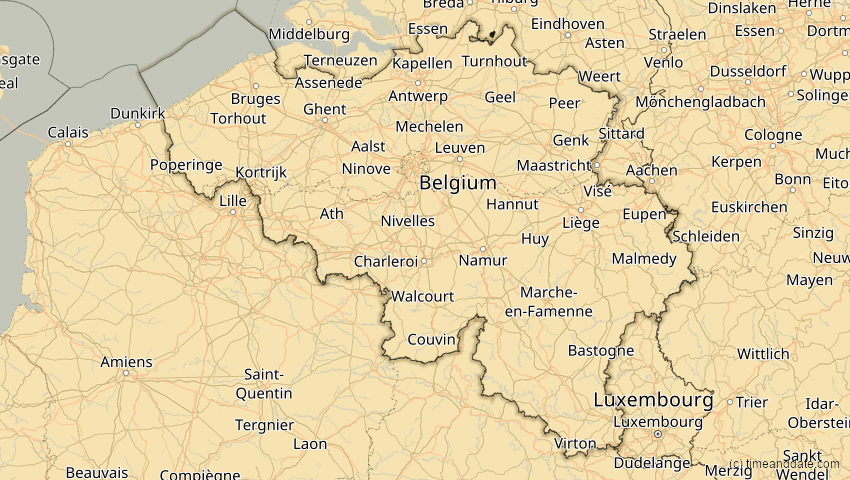 A map of Belgium, showing the path of the Aug 2, 2027 Total Solar Eclipse