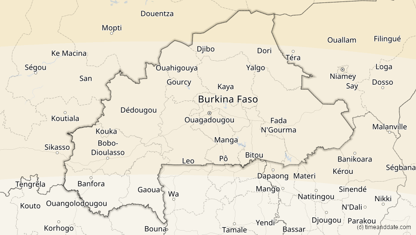 A map of Burkina Faso, showing the path of the 2. Aug 2027 Totale Sonnenfinsternis