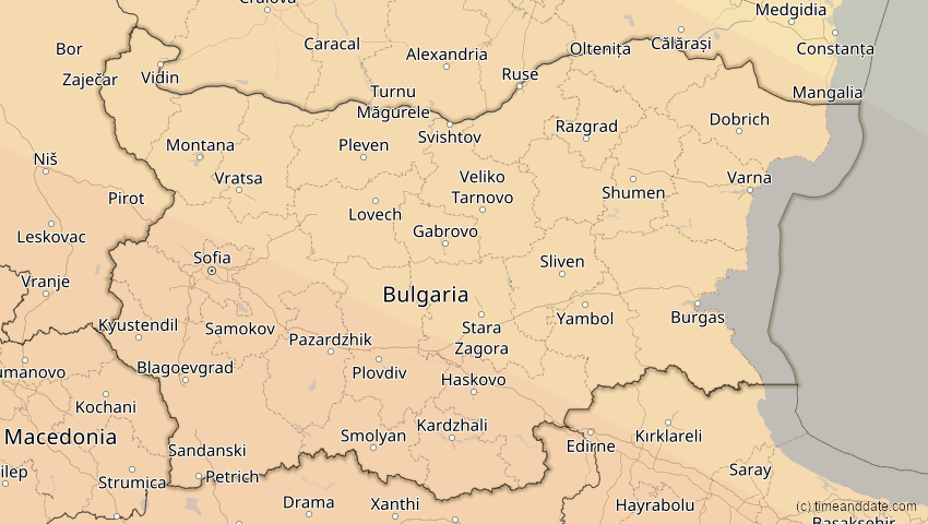A map of Bulgarien, showing the path of the 2. Aug 2027 Totale Sonnenfinsternis