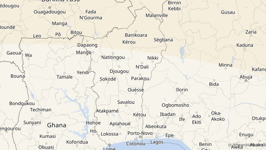 A map of Benin, showing the path of the Aug 2, 2027 Total Solar Eclipse