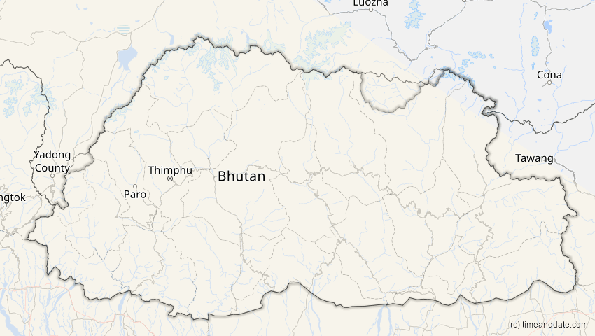 A map of Bhutan, showing the path of the Aug 2, 2027 Total Solar Eclipse