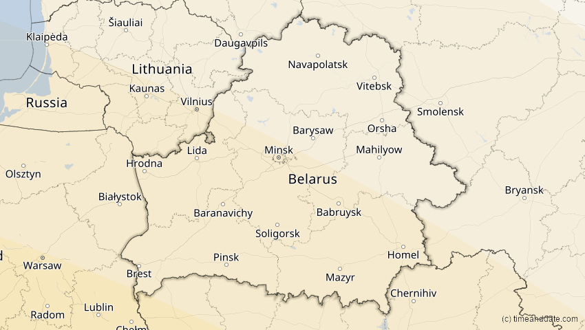 A map of Belarus, showing the path of the Aug 2, 2027 Total Solar Eclipse