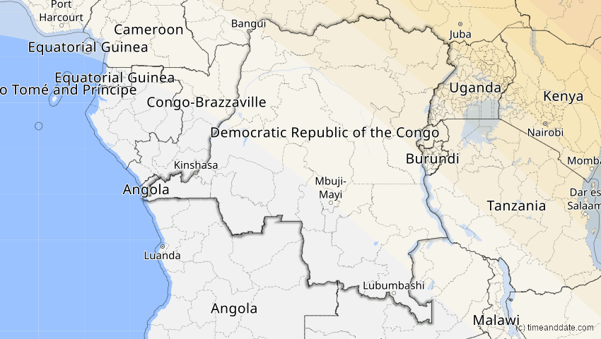 A map of Congo Democratic Republic, showing the path of the Aug 2, 2027 Total Solar Eclipse