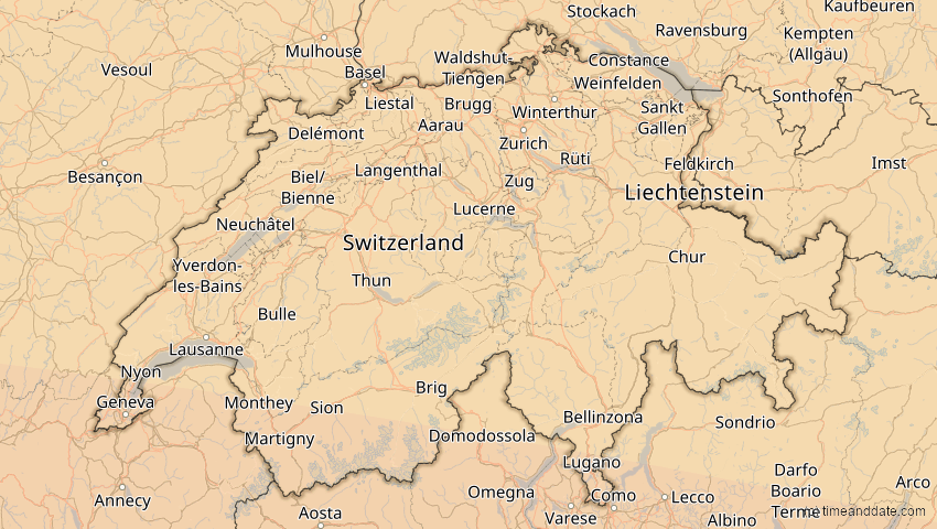 A map of Schweiz, showing the path of the 2. Aug 2027 Totale Sonnenfinsternis