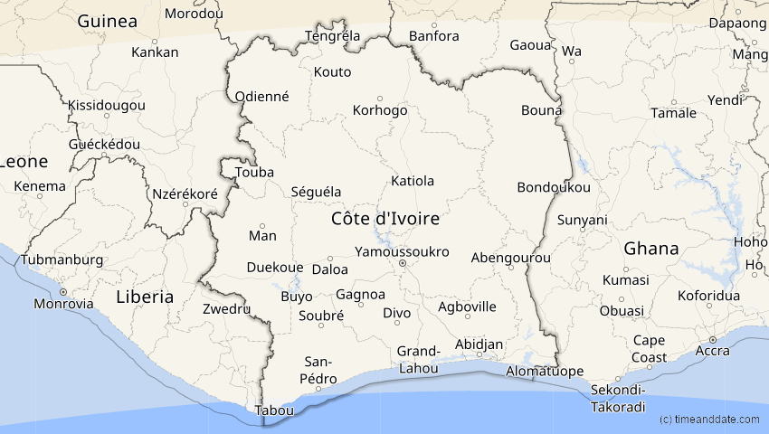 A map of Elfenbeinküste (Côte d'Ivoire), showing the path of the 2. Aug 2027 Totale Sonnenfinsternis