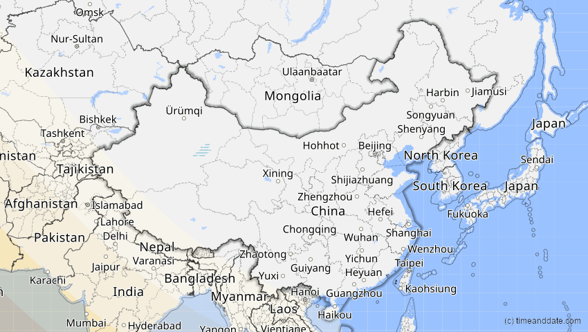 A map of China, showing the path of the 2. Aug 2027 Totale Sonnenfinsternis