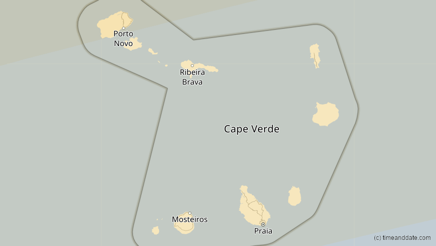 A map of Cabo Verde, showing the path of the 2. Aug 2027 Totale Sonnenfinsternis