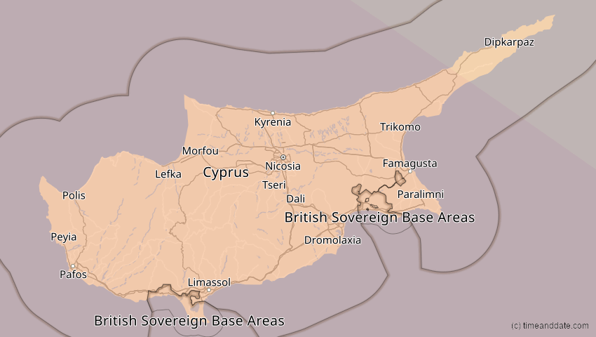 A map of Zypern, showing the path of the 2. Aug 2027 Totale Sonnenfinsternis