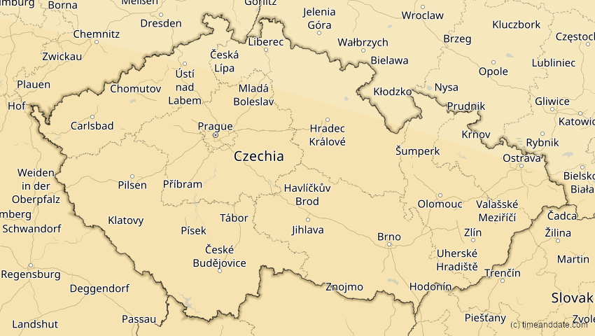 A map of Czechia, showing the path of the Aug 2, 2027 Total Solar Eclipse