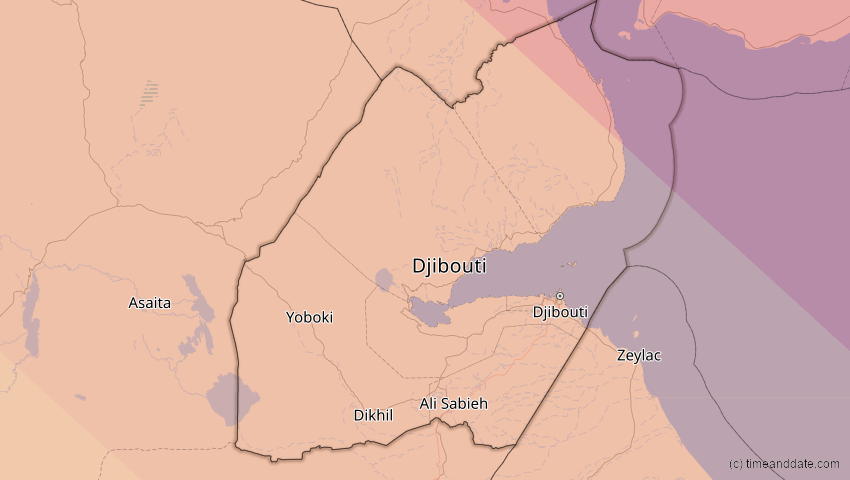 A map of Djibouti, showing the path of the Aug 2, 2027 Total Solar Eclipse