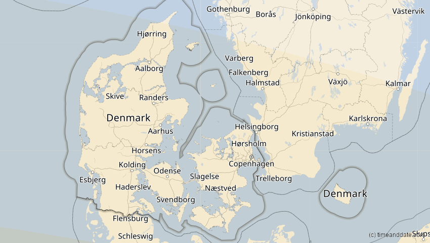 A map of Denmark, showing the path of the Aug 2, 2027 Total Solar Eclipse