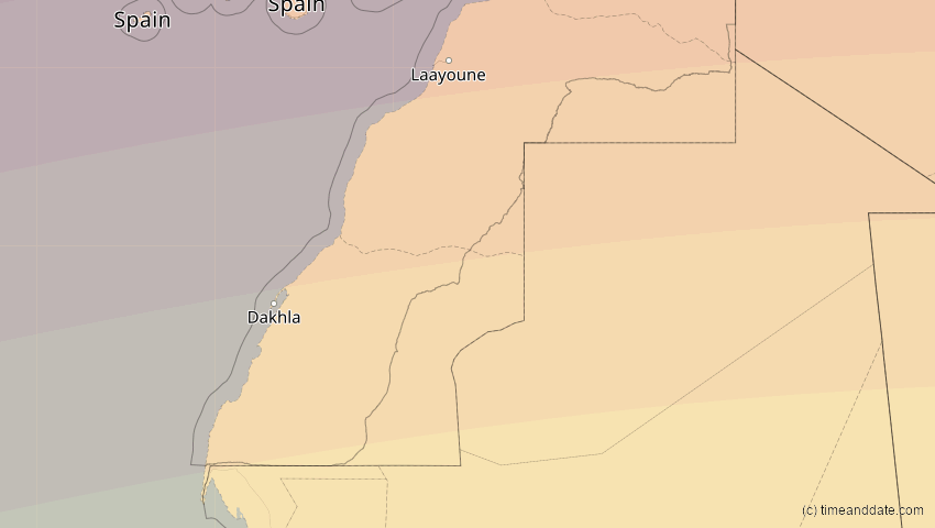 A map of Westsahara, showing the path of the 2. Aug 2027 Totale Sonnenfinsternis