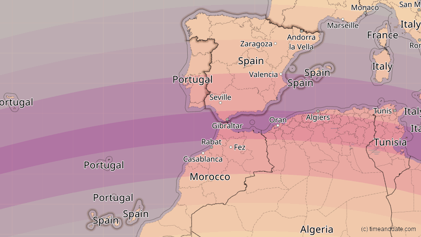 A map of Spanien, showing the path of the 2. Aug 2027 Totale Sonnenfinsternis