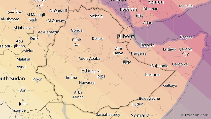 A map of Ethiopia, showing the path of the Aug 2, 2027 Total Solar Eclipse