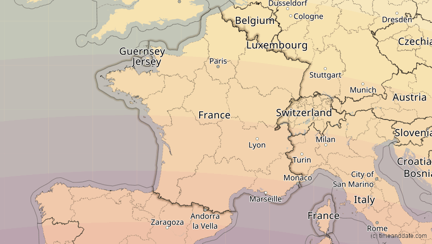 A map of Frankreich, showing the path of the 2. Aug 2027 Totale Sonnenfinsternis