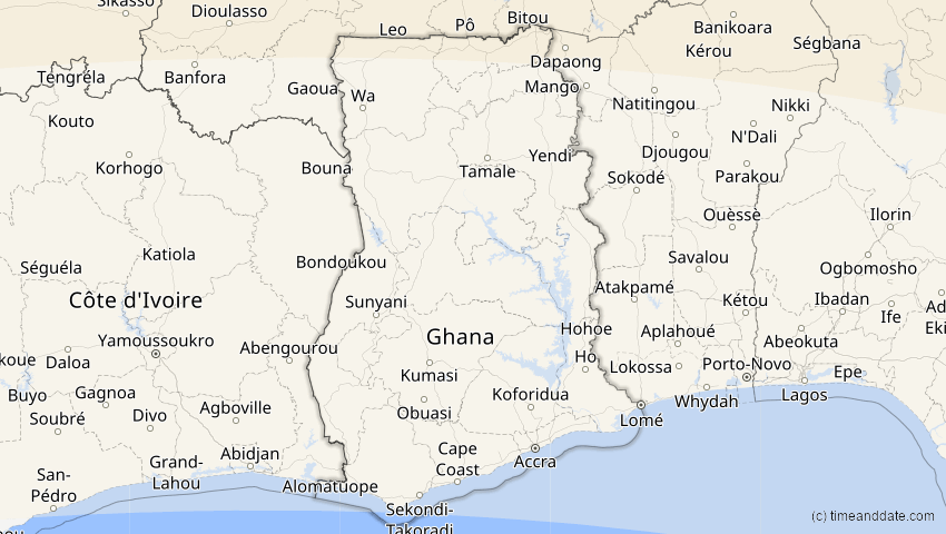 A map of Ghana, showing the path of the Aug 2, 2027 Total Solar Eclipse