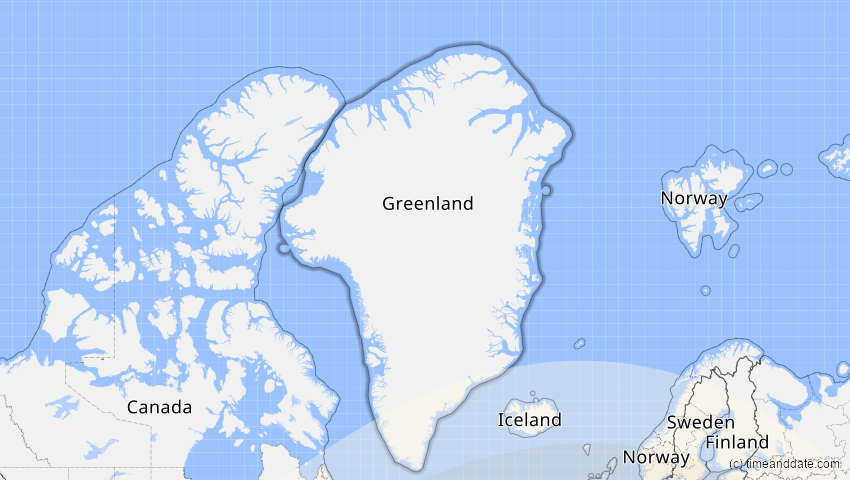 A map of Greenland, showing the path of the Aug 2, 2027 Total Solar Eclipse