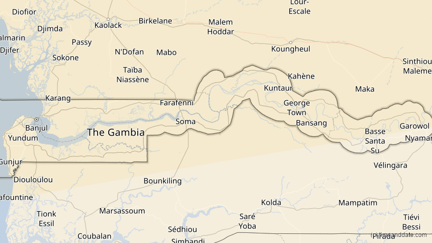 A map of Gambia, showing the path of the 2. Aug 2027 Totale Sonnenfinsternis