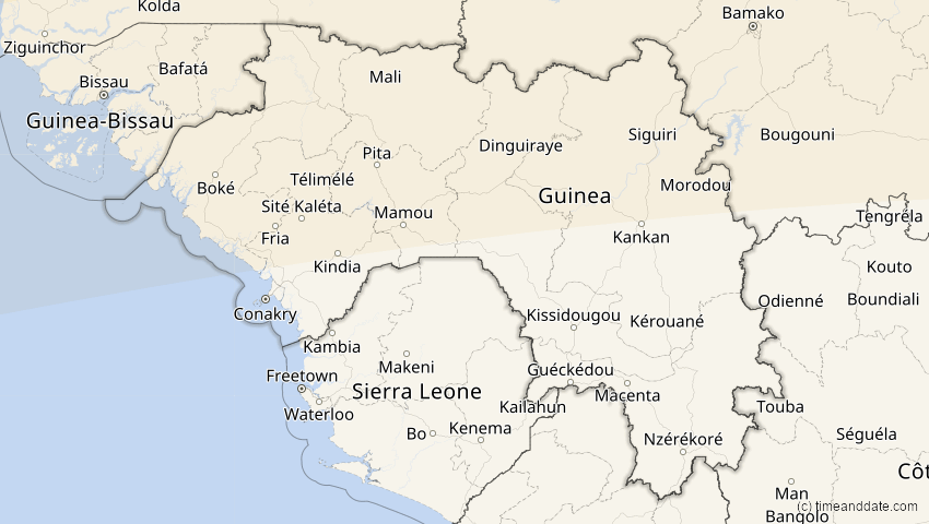 A map of Guinea, showing the path of the Aug 2, 2027 Total Solar Eclipse